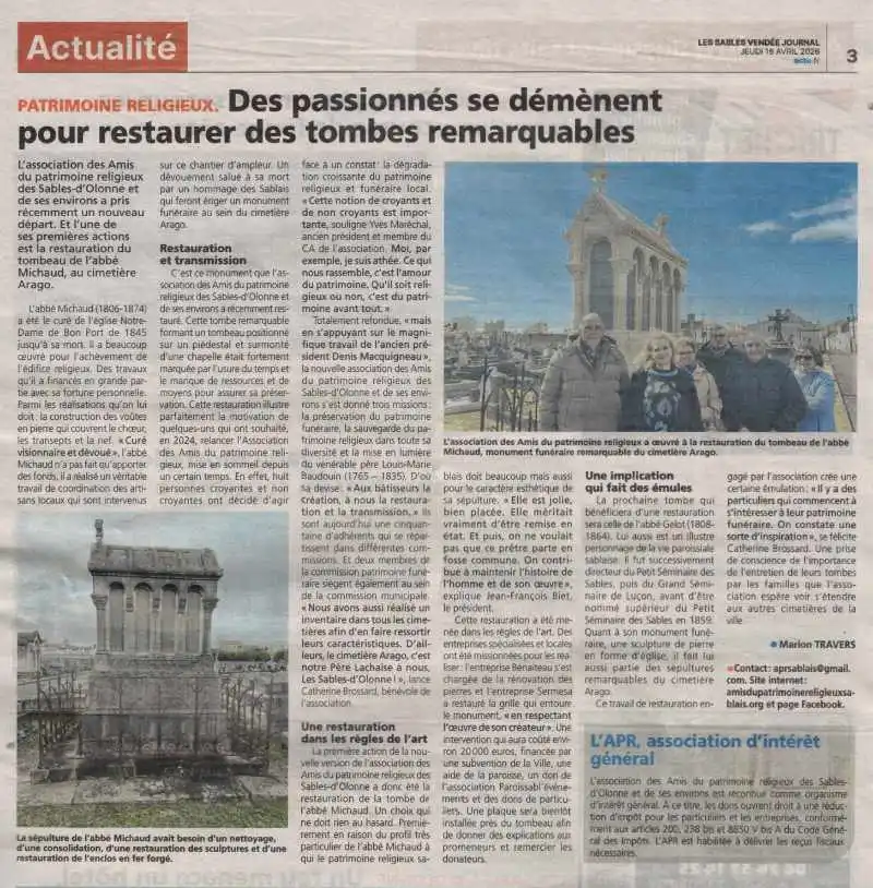 article du journal des sables sur la restauration de la tombe de l'abbé Michaud